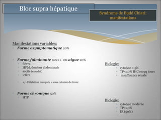 Bloc supra hépatique
                                                      Syndrome de Budd Chiari:
                                                           manifestations




Manifestations variables:
  Forme asymptomatique 20%


  Forme fulminante rare++ ou aigue 20%
     fièvre                                             Biologie:
     HPM, douleur abdominale                                        cytolyse > 5N
     ascite (exsudat)                                               TP<40% IHC en qq jours
     ictère                                                          insuffisance rénale

     +/- Dilatation marquée v sous cutanée du tronc



  Forme chronique 50%
     HTP
                                                        Biologie:
                                                                    cytolyse modérée
                                                                    TP>40%
                                                                    IR (50%)
 