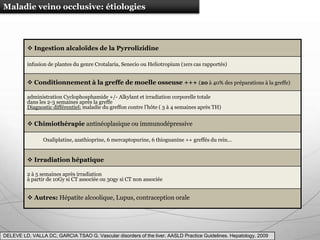 Maladie veino occlusive: étiologies




           Ingestion alcaloïdes de la Pyrrolizidine

          infusion de plantes du genre Crotalaria, Senecio ou Heliotropium (1ers cas rapportés)


           Conditionnement à la greffe de moelle osseuse +++ (20 à 40% des préparations à la greffe)

          administration Cyclophosphamide +/- Alkylant et irradiation corporelle totale
          dans les 2-3 semaines après la greffe
          Diagnostic différentiel: maladie du greffon contre l’hôte ( 3 à 4 semaines après TH)


           Chimiothérapie antinéoplasique ou immunodépressive

                Oxaliplatine, azathioprine, 6 mercaptopurine, 6 thioguanine ++ greffés du rein…


           Irradiation hépatique

          2 à 5 semaines après irradiation
          à partir de 10Gy si CT associée ou 30gy si CT non associée


           Autres: Hépatite alcoolique, Lupus, contraception orale




DELEVE LD, VALLA DC, GARCIA TSAO G. Vascular disorders of the liver. AASLD Practice Guidelines. Hepatology, 2009
 