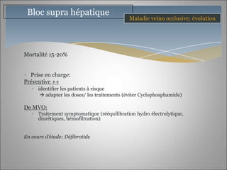 Bloc supra hépatique
                                             Maladie veino occlusive: évolution




Mortalité 15-20%


  Prise en charge:
Préventive ++
      identifier les patients à risque
        adapter les doses/ les traitements (éviter Cyclophosphamide)

De MVO:
      Traitement symptomatique (rééquilibration hydro électrolytique,
      diurétiques, hémofiltration)


En cours d’étude: Défibrotide
 
