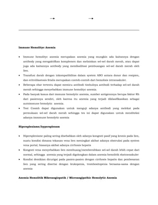 Immune Hemolityc Anemia
• Immune hemolityc anemia merupakan anemia yang mungkin ada kaitannya dengan
antibody yang mengaktifkan komplemen dan melisiskan sel-sel darah merah, atau dapat
juga ada kaitannya antibody yang memfasilitasi pembuangan sel-sel darah merah oleh
lien.
• Transfusi darah dengan inkompatibilitas dalam system ABO antara donor dan resipien,
dan eritroblastosis fetalis merupakan contoh-contoh dari hemolisis intravaskuler.
• Beberapa obat tertentu dapat memicu antibodi timbulnya antibodi terhadap sel-sel darah
merah sehingga menyebabkan immune hemolityc anemia.
• Pada banyak kasus dari immune hemolytic anemia, sumber antigennnya berupa faktor Rh
dari pasiennya sendiri, oleh karena itu anemia yang terjadi diklasifikasikan sebagai
autoimmune hemolytic anemia.
• Test Coomb dapat digunakan untuk menguji adanya antibodi yang melekat pada
permukaan sel-sel darah merah sehingga tes ini dapat digunakan untuk menditeksi
adanya immmune hemolytic anemia
Hipersplenisme/hypersplensm
• Hipersplenisme paling sering disebabkan oleh adanya kongesti pasif yang kronis pada lien,
suatu kondisi dimana tekanan vena lien meningkat akibat adanya obstruksi pada system
vena portal, biasanya akibat adanya cirrhosis hepatis
• Kongesti vena menyebabkan lien membuang/membersihkan sel-sel darah lebih cepat dari
normal, sehingga anemia yang terjadi digolongkan dalam anemia hemolitik ekstravaskuler
• Kondisi demikian dicurigai pada pasien-pasien dengan cirrhosis hepatis dan pembesaran
lien yang sering disertai dengan leukopenia, trombositopenia bersama-sama dengan
anemia
Anemia Hemolitik Mikroangiopatik / Microangipathic Hemolytic Anemia
 