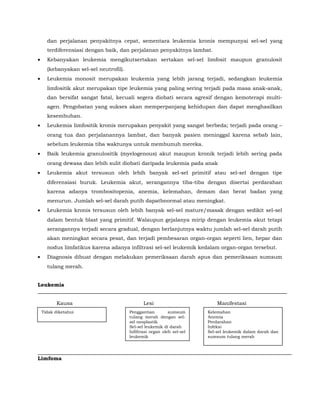 dan perjalanan penyakitnya cepat, sementara leukemia kronis mempunyai sel-sel yang
terdiferensiasi dengan baik, dan perjalanan penyakitnya lambat.
• Kebanyakan leukemia mengikutsertakan sertakan sel-sel limfosit maupun granulosit
(kebanyakan sel-sel neutrofil).
• Leukemia monosit merupakan leukemia yang lebih jarang terjadi, sedangkan leukemia
limfositik akut merupakan tipe leukemia yang paling sering terjadi pada masa anak-anak,
dan bersifat sangat fatal, kecuali segera diobati secara agresif dengan kemoterapi multi-
agen. Pengobatan yang sukses akan memperpanjang kehidupan dan dapat menghasilkan
kesembuhan.
• Leukemia limfositik kronis merupakan penyakit yang sangat berbeda; terjadi pada orang –
orang tua dan perjalanannya lambat, dan banyak pasien meninggal karena sebab lain,
sebelum leukemia tiba waktunya untuk membunuh mereka.
• Baik leukemia granulositik (myelogenous) akut maupun kronik terjadi lebih sering pada
orang dewasa dan lebih sulit diobati daripada leukemia pada anak
• Leukemia akut tersusun oleh lebih banyak sel-sel primitif atau sel-sel dengan tipe
diferensiasi buruk. Leukemia akut, serangannya tiba-tiba dengan disertai perdarahan
karena adanya trombositopenia, anemia, kelemahan, demam dan berat badan yang
menurun. Jumlah sel-sel darah putih dapatbnormal atau meningkat.
• Leukemia kronis tersusun oleh lebih banyak sel-sel mature/masak dengan sedikit sel-sel
dalam bentuk blast yang primitif. Walaupun gejalanya mirip dengan leukemia akut tetapi
serangannya terjadi secara gradual, dengan berlanjutnya waktu jumlah sel-sel darah putih
akan meningkat secara pesat, dan terjadi pembesaran organ-organ seperti lien, hepar dan
nodus limfatikus karena adanya infiltrasi sel-sel leukemik kedalam organ-organ tersebut.
• Diagnosis dibuat dengan melakukan pemeriksaan darah apus dan pemeriksaan sumsum
tulang merah.
Leukemia
Kausa Lesi Manifestasi
Limfoma
Tidak diketahui Penggantian sumsum
tulang merah dengan sel-
sel neoplastik
Sel-sel leukemik di darah
Infiltrasi organ oleh sel-sel
leukemik
Kelemahan
Anemia
Perdarahan
Infeksi
Sel-sel leukemik dalam darah dan
sumsum tulang merah
 