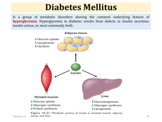 Diabetes Mellitus
Is a group of metabolic disorders sharing the common underlying feature of
hyperglycemia. Hyperglycemia in diabetes results from defects in insulin secretion,
insulin action, or, most commonly, both.
Tuesday, July 30, 2024 Ephraim Zulu - PATHOLOGY 35
 
