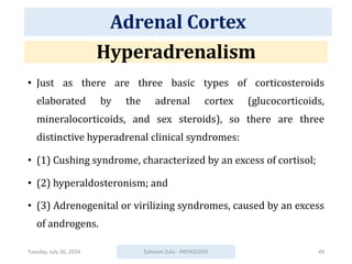 Hyperadrenalism
• Just as there are three basic types of corticosteroids
elaborated by the adrenal cortex (glucocorticoids,
mineralocorticoids, and sex steroids), so there are three
distinctive hyperadrenal clinical syndromes:
• (1) Cushing syndrome, characterized by an excess of cortisol;
• (2) hyperaldosteronism; and
• (3) Adrenogenital or virilizing syndromes, caused by an excess
of androgens.
Tuesday, July 30, 2024 Ephraim Zulu - PATHOLOGY 49
Adrenal Cortex
 