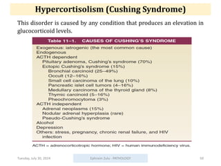 Hypercortisolism (Cushing Syndrome)
This disorder is caused by any condition that produces an elevation in
glucocorticoid levels.
Tuesday, July 30, 2024 Ephraim Zulu - PATHOLOGY 50
 