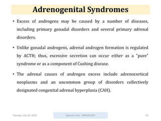 Adrenogenital Syndromes
• Excess of androgens may be caused by a number of diseases,
including primary gonadal disorders and several primary adrenal
disorders.
• Unlike gonadal androgens, adrenal androgen formation is regulated
by ACTH; thus, excessive secretion can occur either as a "pure"
syndrome or as a component of Cushing disease.
• The adrenal causes of androgen excess include adrenocortical
neoplasms and an uncommon group of disorders collectively
designated congenital adrenal hyperplasia (CAH).
Tuesday, July 30, 2024 Ephraim Zulu - PATHOLOGY 55
 