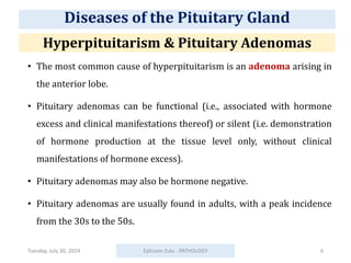 Hyperpituitarism & Pituitary Adenomas
• The most common cause of hyperpituitarism is an adenoma arising in
the anterior lobe.
• Pituitary adenomas can be functional (i.e., associated with hormone
excess and clinical manifestations thereof) or silent (i.e. demonstration
of hormone production at the tissue level only, without clinical
manifestations of hormone excess).
• Pituitary adenomas may also be hormone negative.
• Pituitary adenomas are usually found in adults, with a peak incidence
from the 30s to the 50s.
Tuesday, July 30, 2024 Ephraim Zulu - PATHOLOGY 6
Diseases of the Pituitary Gland
 