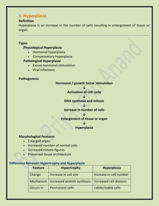 3. Hyperplasia
Definition
Hyperplasia is an increase in the number of cells resulting in enlargement of tissue or
organ.
Types
Physiological Hyperplasia
• Hormonal hyperplasia
• Compensatory hyperplasia
Pathological Hyperplasia
• Excess hormonal stimulation
• Viral infections
Pathogenesis
Hormonal / growth factor stimulation
↓
Activation of cell cycle
↓
DNA synthesis and mitosis
↓
Increase in number of cells
↓
Enlargement of tissue or organ
↓
Hyperplasia
Morphological Features
• Enlarged organ
• Increased number of normal cells
• Increased mitotic figures
• Preserved tissue architecture
Difference Between Hypertrophy and Hyperplasia
Feature Hypertrophy Hyperplasia
Change Increase in cell size Increase in cell number
Mechanism Increased protein synthesis Increased cell division
Occurs in Permanent cells Labile/stable cells
 