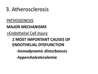 3. Atherosclerosis
PATHOGENESIS
MAJOR MECHANISMS
+Endothelial Cell Injury
   2 MOST IMPORTANT CAUSES OF
   ENDOTHELIAL DYSFUNCTION
     -hemodynamic disturbances
     -hypercholesterolemia
 