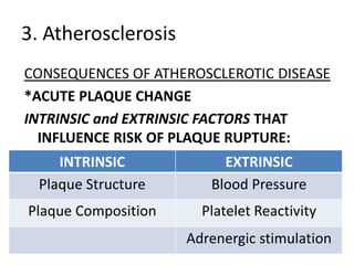 3. Atherosclerosis
CONSEQUENCES OF ATHEROSCLEROTIC DISEASE
*ACUTE PLAQUE CHANGE
INTRINSIC and EXTRINSIC FACTORS THAT
  INFLUENCE RISK OF PLAQUE RUPTURE:
     INTRINSIC            EXTRINSIC
  Plaque Structure      Blood Pressure
Plaque Composition     Platelet Reactivity
                     Adrenergic stimulation
 