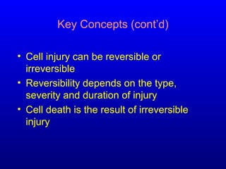 Key Concepts (cont’d)
• Cell injury can be reversible or
irreversible
• Reversibility depends on the type,
severity and duration of injury
• Cell death is the result of irreversible
injury
 