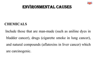 Environmental Causes
CHEMICALS
Include those that are man-made (such as aniline dyes in
bladder cancer), drugs (cigarette smoke in lung cancer),
and natural compounds (aflatoxins in liver cancer) which
are carcinogenic.
 