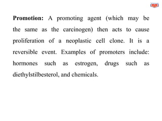 Promotion: A promoting agent (which may be
the same as the carcinogen) then acts to cause
proliferation of a neoplastic cell clone. It is a
reversible event. Examples of promoters include:
hormones such as estrogen, drugs such as
diethylstilbesterol, and chemicals.
 