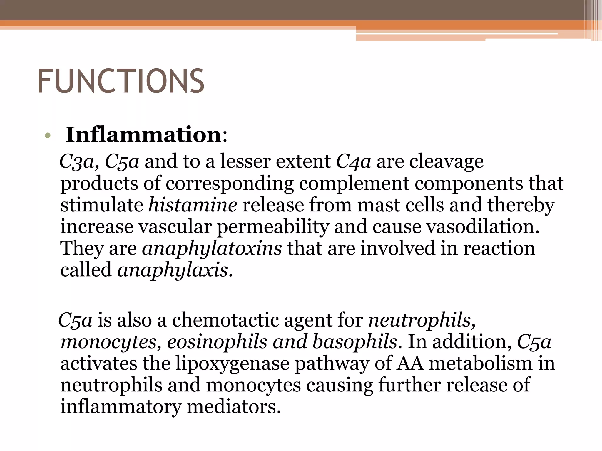 FUNCTIONS
• Inflammation:
C3a, C5a and to a lesser extent C4a are cleavage
products of corresponding complement components that
stimulate histamine release from mast cells and thereby
increase vascular permeability and cause vasodilation.
They are anaphylatoxins that are involved in reaction
called anaphylaxis.
C5a is also a chemotactic agent for neutrophils,
monocytes, eosinophils and basophils. In addition, C5a
activates the lipoxygenase pathway of AA metabolism in
neutrophils and monocytes causing further release of
inflammatory mediators.
 