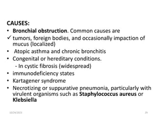 CAUSES:
• Bronchial obstruction. Common causes are
 tumors, foreign bodies, and occasionally impaction of
mucus (localized)
• Atopic asthma and chronic bronchitis
• Congenital or hereditary conditions.
- In cystic fibrosis (widespread)
• immunodeficiency states
• Kartagener syndrome
• Necrotizing or suppurative pneumonia, particularly with
virulent organisms such as Staphylococcus aureus or
Klebsiella
10/24/2023 29
 