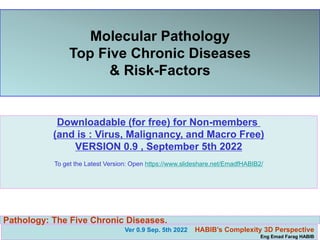 Ver 0.9 Sep. 5th 2022 HABIB’s Complexity 3D Perspective
Eng Emad Farag HABIB
Pathology: The Five Chronic Diseases.
Molecular Pathology
Top Five Chronic Diseases
& Risk-Factors
Downloadable (for free) for Non-members
(and is : Virus, Malignancy, and Macro Free)
VERSION 0.9 , September 5th 2022
To get the Latest Version: Open https://www.slideshare.net/EmadfHABIB2/
 
