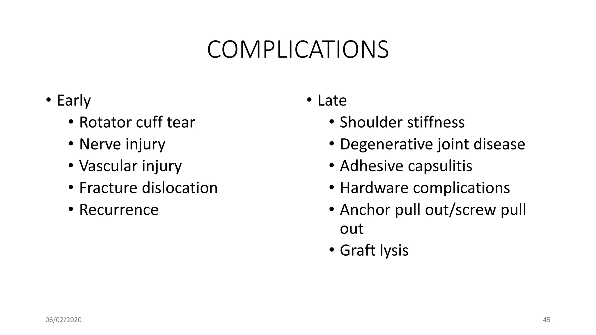 COMPLICATIONS
• Early
• Rotator cuff tear
• Nerve injury
• Vascular injury
• Fracture dislocation
• Recurrence
• Late
• Shoulder stiffness
• Degenerative joint disease
• Adhesive capsulitis
• Hardware complications
• Anchor pull out/screw pull
out
• Graft lysis
06/02/2020 45
 