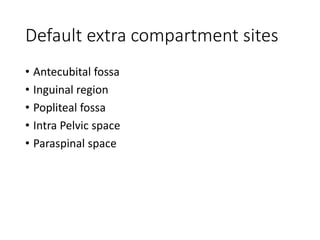 Default extra compartment sites
• Antecubital fossa
• Inguinal region
• Popliteal fossa
• Intra Pelvic space
• Paraspinal space
 