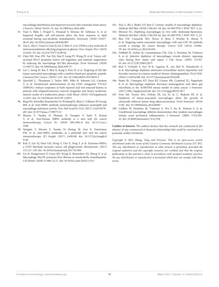 Zhang et al. Molecular Mechanisms of Macrophage Function
macrophage distribution and improves recovery after traumatic brain injury.
J Neurotr. (2016) 34:423–35. doi: 10.1089/neu.2016.4401
91. Tran S, Baba I, Poupel L, Dussaud S, Moreau M, Gélineau A, et al.
Impaired Kupffer cell self-renewal alters the liver response to lipid
overload during non-alcoholic steatohepatitis. Immunity. (2020) 53:627–
40.e5. doi: 10.1016/j.immuni.2020.06.003
92. Zou C, Zhu C, Guan G, Guo Q, Liu T, Shen S, et al. CD48 is a key molecule of
immunomodulation affecting prognosis in glioma. Onco Targets Ther. (2019)
12:4181–93. doi: 10.2147/OTT.S198762
93. Chen RH, Xiao ZW, Yan XQ, Han P, Liang FY, Wang JY, et al. Tumor cell-
secreted ISG15 promotes tumor cell migration and immune suppression
by inducing the macrophage M2-like phenotype. Front Immunol. (2020)
11:594775. doi: 10.3389/fimmu.2020.594775
94. Lee C, Jeong H, Bae Y, Shin K, Kang S, Kim H, et al. Targeting of M2-like
tumor-associated macrophages with a melittin-based pro-apoptotic peptide.
J ImmunoTher Cancer. (2019) 7:147. doi: 10.1186/s40425-019-0610-4
95. Querfeld C, Thompson J, Taylor MH, Pillai R, Johnson LD, Catalano
T, et al. Intralesional administration of the CD47 antagonist TTI-621
(SIRPαFc) induces responses in both injected and non-injected lesions in
patients with relapsed/refractory mycosis fungoides and Sézary syndrome:
interim results of a multicenter phase i trial. Blood. (2018) 132(Supplement
1):1653. doi: 10.1182/blood-2018-99-116915
96. Ring NG, Herndler-Brandstetter D, Weiskopf K, Shan L, Volkmer JP, George
BM, et al. Anti-SIRPα antibody immunotherapy enhances neutrophil and
macrophage antitumor activity. Proc Natl Acad Sci USA. (2017) 114:E10578–
e85. doi: 10.1073/pnas.1710877114
97. Murata Y, Tanaka D, Hazama D, Yanagita T, Saito Y, Kotani
T, et al. Anti-human SIRPα antibody is a new tool for cancer
immunotherapy. Cancer Sci. (2018) 109:1300–8. doi: 10.1111/cas.1
3548
98. Yanagita T, Murata Y, Tanaka D, Motegi SI, Arai E, Daniwijaya
EW, et al. Anti-SIRPα antibodies as a potential new tool for cancer
immunotherapy. JCI Insight. (2017) 2:e89140. doi: 10.1172/jci.insight.8
9140
99. Koh E, Lee EJ, Nam GH, Hong Y, Cho E, Yang Y, et al. Exosome-SIRPα,
a CD47 blockade increases cancer cell phagocytosis. Biomaterials. (2017)
121:121–129. doi: 10.1016/j.biomaterials.2017.01.004
100. Cai B, Dongiovanni P, Corey KE, Wang X, Shmarakov IO, Zheng Z, et al.
Macrophage MerTK promotes liver fibrosis in nonalcoholic steatohepatitis.
Cell Metab. (2020) 31:406–21.e7. doi: 10.1016/j.cmet.2019.11.013
101. Hua L, Shi J, Shultz LD, Ren G. Genetic models of macrophage depletion.
Methods Mol Biol. (2018) 1784:243–58. doi: 10.1007/978-1-4939-7837-3_22
102. Moreno SG. Depleting macrophages in vivo with clodronate-liposomes.
Methods Mol Biol. (2018) 1784:259–62. doi: 10.1007/978-1-4939-7837-3_23
103. Ries CH, Cannarile MA, Hoves S, Benz J, Wartha K, Runza V,
et al. Targeting tumor-associated macrophages with anti-CSF-1R antibody
reveals a strategy for cancer therapy. Cancer Cell. (2014) 25:846–
59. doi: 10.1016/j.ccr.2014.05.016
104. Duffield JS, Forbes SJ, Constandinou CM, Clay S, Partolina M, Vuthoori
S, et al. Selective depletion of macrophages reveals distinct, opposing
roles during liver injury and repair. J Clin Invest. (2005) 115:56–
65. doi: 10.1172/JCI200522675
105. Best J, Verhulst S, Syn W-K, Lagaisse K, van Hul N, Heindryckx F,
et al. Macrophage depletion attenuates extracellular matrix deposition and
ductular reaction in a mouse model of chronic cholangiopathies. PLoS ONE.
(2016) 11:e0162286. doi: 10.1371/journal.pone.0162286
106. Bader JE, Velazquez KT, Enos RT, Carson MS, Cranford TL, Nagarkatti
P, et al. Macrophage depletion decreases tumorigenesis and alters gut
microbiota in the AOM/DSS mouse model of colon cancer. J Immunol.
(2017) 198(1 Supplement):66. doi: 10.1152/ajpgi.00229.2017
107. Fritz JM, Tennis MA, Orlicky DJ, Lin H, Ju C, Redente EF, et al.
Depletion of tumor-associated macrophages slows the growth of
chemically induced mouse lung adenocarcinomas. Front Immunol. (2014)
5:587. doi: 10.3389/fimmu.2014.00587
108. Cailhier JF, Partolina M, Vuthoori S, Wu S, Ko K, Watson S, et al.
Conditional macrophage ablation demonstrates that resident macrophages
initiate acute peritoneal inflammation. J Immunol. (2005) 174:2336–
42. doi: 10.4049/jimmunol.174.4.2336
Conflict of Interest: The authors declare that the research was conducted in the
absence of any commercial or financial relationships that could be construed as a
potential conflict of interest.
Copyright © 2021 Zhang, Yang and Ericsson. This is an open-access article
distributed under the terms of the Creative Commons Attribution License (CC BY).
The use, distribution or reproduction in other forums is permitted, provided the
original author(s) and the copyright owner(s) are credited and that the original
publication in this journal is cited, in accordance with accepted academic practice.
No use, distribution or reproduction is permitted which does not comply with these
terms.
Frontiers in Immunology | www.frontiersin.org 12 March 2021 | Volume 12 | Article 620510
 