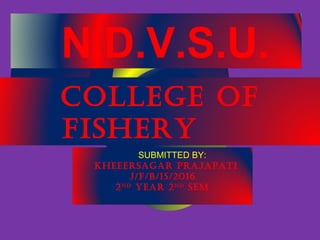 N.D.V.S.U.
COLLEGE OF
FISHERY
SCIENCE
JABALPUR
SUBMITTED BY:
KHEEERSAGAR PRAJAPATI
J/F/B/15/2016
2ND
YEAR 2ND
SEM
 