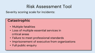 Risk Assessment Tool
Severity scoring scale for incidents:
Catastrophic
• Multiple fatalities
• Loss of multiple essential services in
critical areas
• Failure to meet professional standards
• Imprisonement of executive from organizations
• Full public enquiry
 