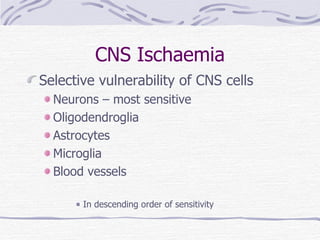 CNS Ischaemia Selective vulnerability of CNS cells Neurons – most sensitive Oligodendroglia Astrocytes Microglia Blood vessels In descending order of sensitivity 