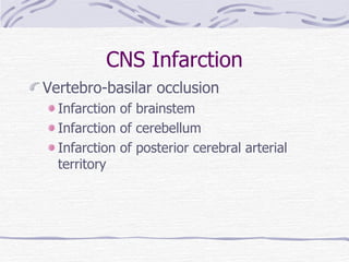 CNS Infarction Vertebro-basilar occlusion Infarction of brainstem Infarction of cerebellum Infarction of posterior cerebral arterial territory 