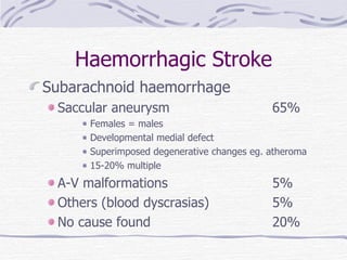 Haemorrhagic Stroke Subarachnoid haemorrhage Saccular aneurysm  65% Females = males Developmental medial defect Superimposed degenerative changes eg. atheroma 15-20% multiple A-V malformations 5% Others (blood dyscrasias) 5% No cause found 20% 