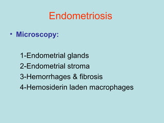 • Microscopy:
1-Endometrial glands
2-Endometrial stroma
3-Hemorrhages & fibrosis
4-Hemosiderin laden macrophages
Endometriosis
 
