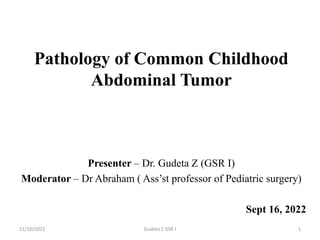 Pathology of Common Childhood
Abdominal Tumor
Presenter – Dr. Gudeta Z (GSR I)
Moderator – Dr Abraham ( Ass’st professor of Pediatric surgery)
Sept 16, 2022
11/10/2023 1
Gudeta Z GSR I
 