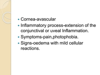  Cornea-avascular
 Inflammatory process-extension of the
conjunctival or uveal Inflammation.
 Symptoms-pain,photophobia.
 Signs-oedema with mild cellular
reactions.
 