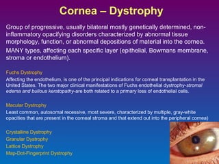 Cornea – Dystrophy
Group of progressive, usually bilateral mostly genetically determined, noninflammatory opacifying disorders characterized by abnormal tissue
morphology, function, or abnormal depositions of material into the cornea.
MANY types, affecting each specific layer (epithelial, Bowmans membrane,
stroma or endothelium).
Fuchs Dystrophy
Affecting the endothelium, is one of the principal indications for corneal transplantation in the
United States. The two major clinical manifestations of Fuchs endothelial dystrophy-stromal
edema and bullous keratopathy-are both related to a primary loss of endothelial cells.
Macular Dystrophy
Least common, autosomal recessive, most severe, characterized by multiple, gray-white
opacities that are present in the corneal stroma and that extend out into the peripheral cornea)
Crystalline Dystrophy
Granular Dystrophy
Lattice Dystrophy
Map-Dot-Fingerprint Dystrophy

 