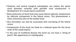 • Posterior and central marginal osteophytes can reduce the spinal
canal diameter centrally with possible cord compression ⇒
development of a cauda equina syndrome
• Bony protrusion at facet level may cause lateral radicular compression
by radicular entrapment in the lateral recess. This phenomenon is
more commonly seen at the lumbar level.
• Disc herniation can also be associated with narrowing of the lateral
recess.
• Compression of the dural sac leads to a reduced space for the nerve
roots of the cauda equina.
• In the case of multilevel disease the dural sac can have a ‘string of
pearls’-like appearance on myelography.
 