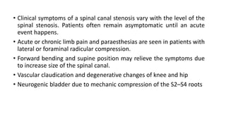 • Clinical symptoms of a spinal canal stenosis vary with the level of the
spinal stenosis. Patients often remain asymptomatic until an acute
event happens.
• Acute or chronic limb pain and paraesthesias are seen in patients with
lateral or foraminal radicular compression.
• Forward bending and supine position may relieve the symptoms due
to increase size of the spinal canal.
• Vascular claudication and degenerative changes of knee and hip
• Neurogenic bladder due to mechanic compression of the S2–S4 roots
 