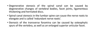 • Degenerative stenosis of the spinal canal can be caused by
degenerative changes of vertebral bodies, facet joints, ligamentous
thickening and herniated discs.
• Spinal canal stenosis in the lumbar spine can cause the nerve roots to
elongate and is called ‘redundant nerve roots’.
• Stenosis of the transverse foramina can be caused by osteophytic
spurs of the vertebra, as well as an enlarged superior articular facet.
 