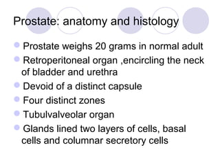 Prostate: anatomy and histology
Prostate weighs 20 grams in normal adult
Retroperitoneal organ ,encircling the neck
of b...