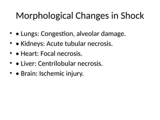 Morphological Changes in Shock
• • Lungs: Congestion, alveolar damage.
• • Kidneys: Acute tubular necrosis.
• • Heart: Focal necrosis.
• • Liver: Centrilobular necrosis.
• • Brain: Ischemic injury.
 