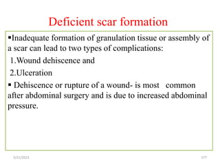 Deficient scar formation
Inadequate formation of granulation tissue or assembly of
a scar can lead to two types of complications:
1.Wound dehiscence and
2.Ulceration
 Dehiscence or rupture of a wound- is most common
after abdominal surgery and is due to increased abdominal
pressure.
177
2/21/2023
 