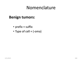 Nomenclature
Benign tumors:
• prefix + suffix
• Type of cell + (-oma)
2/21/2023 200
 