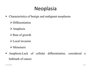 Neoplasia
 Characteristics of benign and malignant neoplasms
Differentiation
Anaplasia
Rate of growth
Local invasion
Metastasis
 Anaplasia-Lack of cellular differentiation, considered a
hallmark of cancer
2/21/2023 228
 