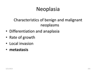 Neoplasia
Characteristics of benign and malignant
neoplasms
• Differentiation and anaplasia
• Rate of growth
• Local invasion
• metastasis
2/21/2023 243
 