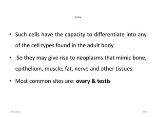 …
• Such cells have the capacity to differentiate into any
of the cell types found in the adult body.
• So they may give rise to neoplasms that mimic bone,
epithelium, muscle, fat, nerve and other tissues.
• Most common sites are: ovary & testis
2/21/2023 258
 