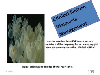 2/21/2023
296
vaginal bleeding and absence of fetal heart tones.
Laboratory studies; beta-HCG levels – extreme
elevations of this pregnancy hormone may suggest
molar pregnancy (greater than 100,000 mIU/ml)
 