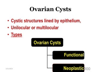 Ovarian Cysts
• Cystic structures lined by epithelium,
• Unilocular or multilocular
• Types
Ovarian Cysts
Functional
Neoplastic
2/21/2023
300
 