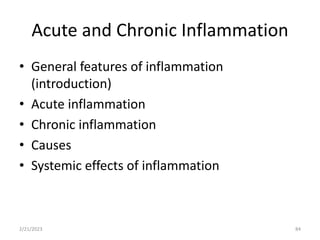 Acute and Chronic Inflammation
84
• General features of inflammation
(introduction)
• Acute inflammation
• Chronic inflammation
• Causes
• Systemic effects of inflammation
2/21/2023
 