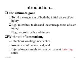 Introduction….
86
The ultimate goal
To rid the organism of both the initial cause of cell
injury
E.g., microbes, toxins and the consequences of such
injury
 E.g., necrotic cells and tissues
Without inflammation,
Infections would go unchecked,
Wounds would never heal, and
Injured organs might remain permanent festering
sores.
2/21/2023
 
