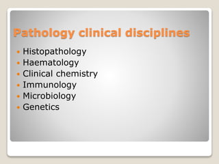 Pathology clinical disciplines
 Histopathology
 Haematology
 Clinical chemistry
 Immunology
 Microbiology
 Genetics
 
