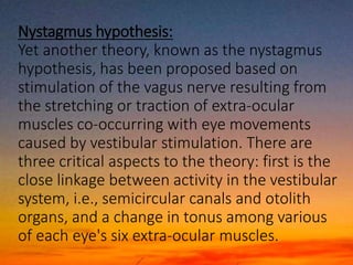 Nystagmus hypothesis:
Yet another theory, known as the nystagmus
hypothesis, has been proposed based on
stimulation of the vagus nerve resulting from
the stretching or traction of extra-ocular
muscles co-occurring with eye movements
caused by vestibular stimulation. There are
three critical aspects to the theory: first is the
close linkage between activity in the vestibular
system, i.e., semicircular canals and otolith
organs, and a change in tonus among various
of each eye's six extra-ocular muscles.
 