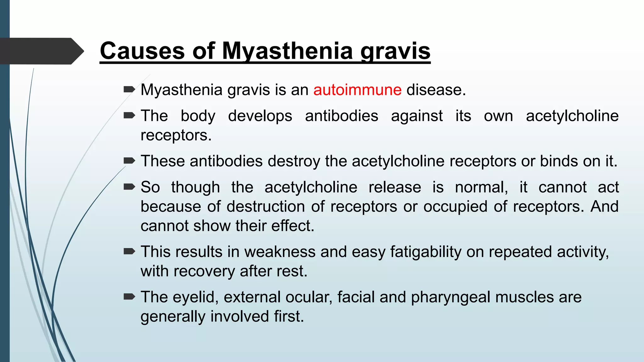 Causes of Myasthenia gravis
 Myasthenia gravis is an autoimmune disease.
 The body develops antibodies against its own acetylcholine
receptors.
 These antibodies destroy the acetylcholine receptors or binds on it.
 So though the acetylcholine release is normal, it cannot act
because of destruction of receptors or occupied of receptors. And
cannot show their effect.
 This results in weakness and easy fatigability on repeated activity,
with recovery after rest.
 The eyelid, external ocular, facial and pharyngeal muscles are
generally involved first.
 