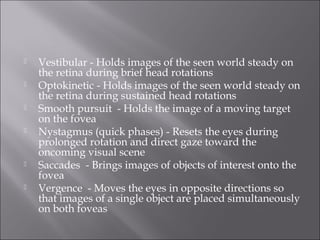  Vestibular - Holds images of the seen world steady on
the retina during brief head rotations
 Optokinetic - Holds images of the seen world steady on
the retina during sustained head rotations
 Smooth pursuit - Holds the image of a moving target
on the fovea
 Nystagmus (quick phases) - Resets the eyes during
prolonged rotation and direct gaze toward the
oncoming visual scene
 Saccades - Brings images of objects of interest onto the
fovea
 Vergence - Moves the eyes in opposite directions so
that images of a single object are placed simultaneously
on both foveas
 