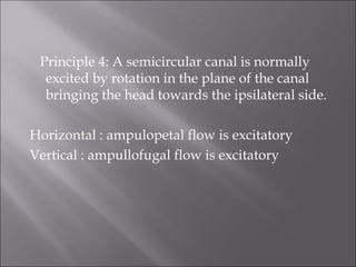 Principle 4: A semicircular canal is normally
excited by rotation in the plane of the canal
bringing the head towards the ipsilateral side.
Horizontal : ampulopetal flow is excitatory
Vertical : ampullofugal flow is excitatory
 